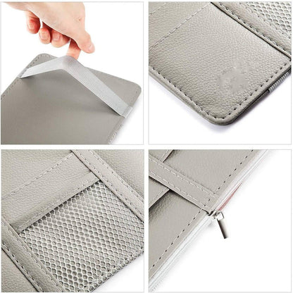 Car Sun Visor Organizer - Multi-Pocket PU Leather Storage Pouch with Zipper Net-1