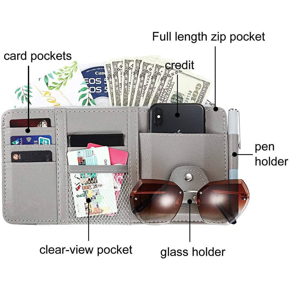 Car Sun Visor Organizer - Multi-Pocket PU Leather Storage Pouch with Zipper Net-2