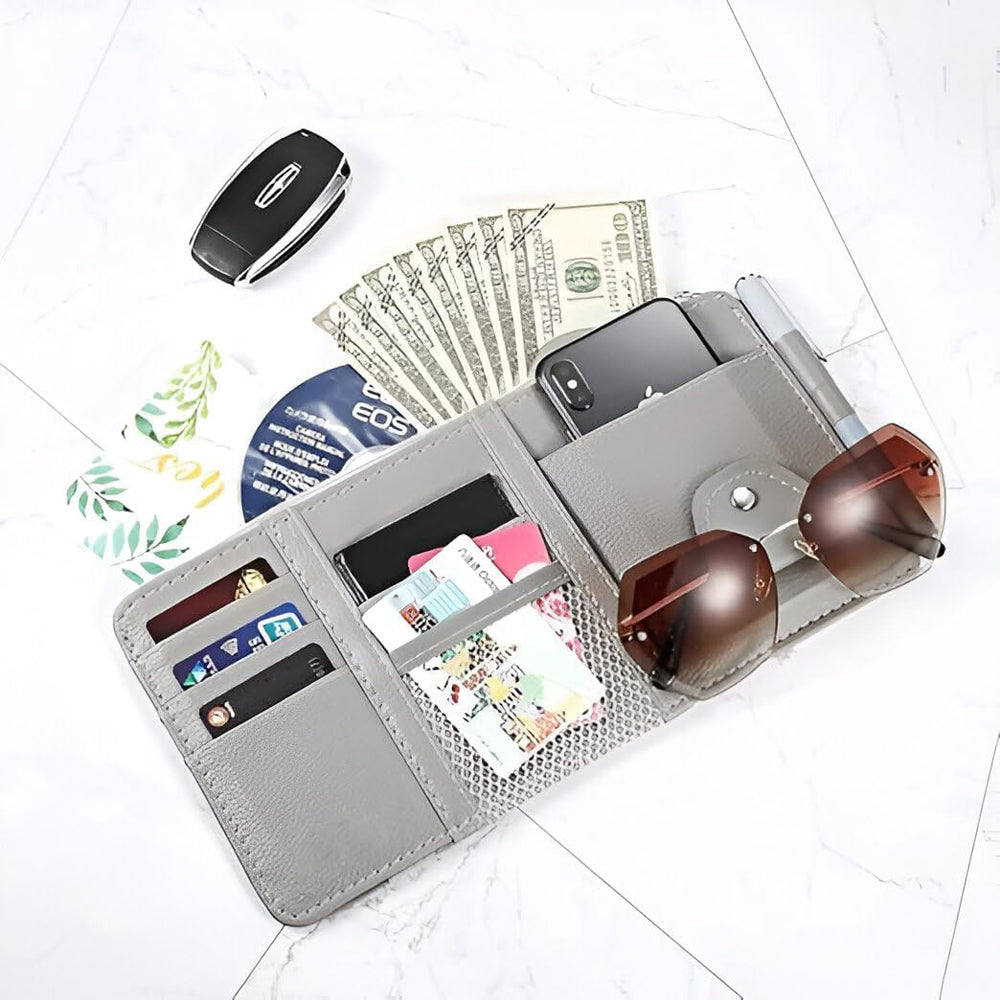 Car Sun Visor Organizer - Multi-Pocket PU Leather Storage Pouch with Zipper Net-4