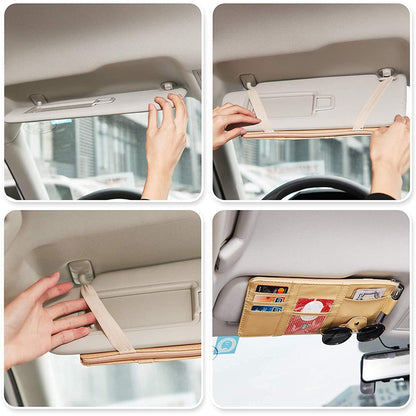 Car Sun Visor Organizer - Multi-Pocket PU Leather Storage Pouch with Zipper Net-5