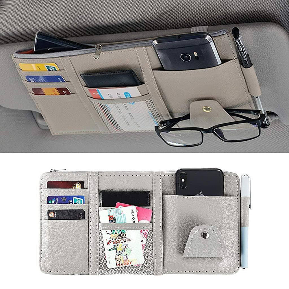 Car Sun Visor Organizer - Multi-Pocket PU Leather Storage Pouch with Zipper Net