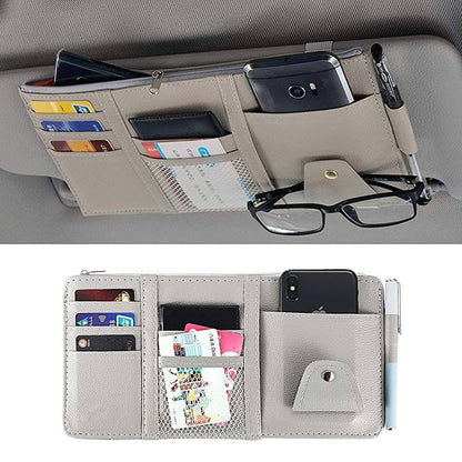 Car Sun Visor Organizer - Multi-Pocket PU Leather Storage Pouch with Zipper Net
