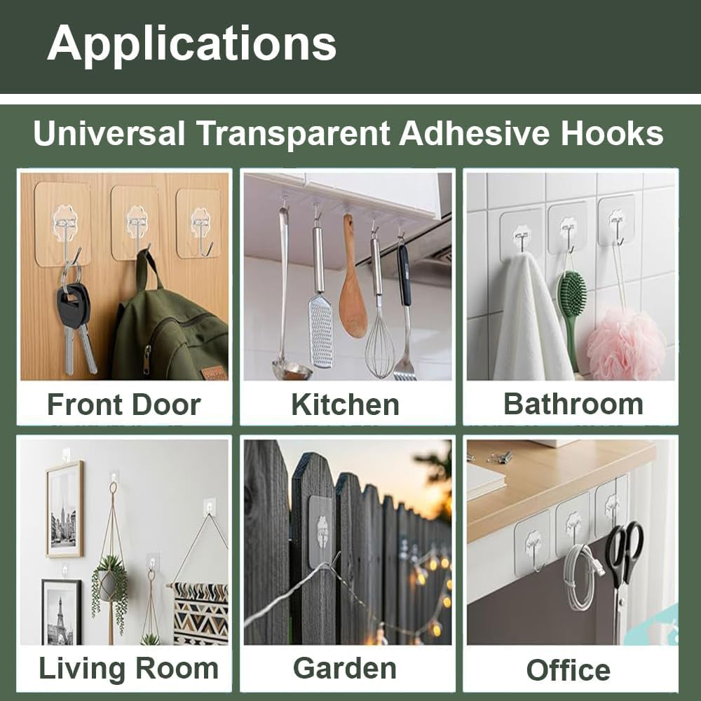 Self-Adhesive Wall Hooks Pack of 20 - Heavy-Duty Transparent No-Drill Sticky Hooks-6