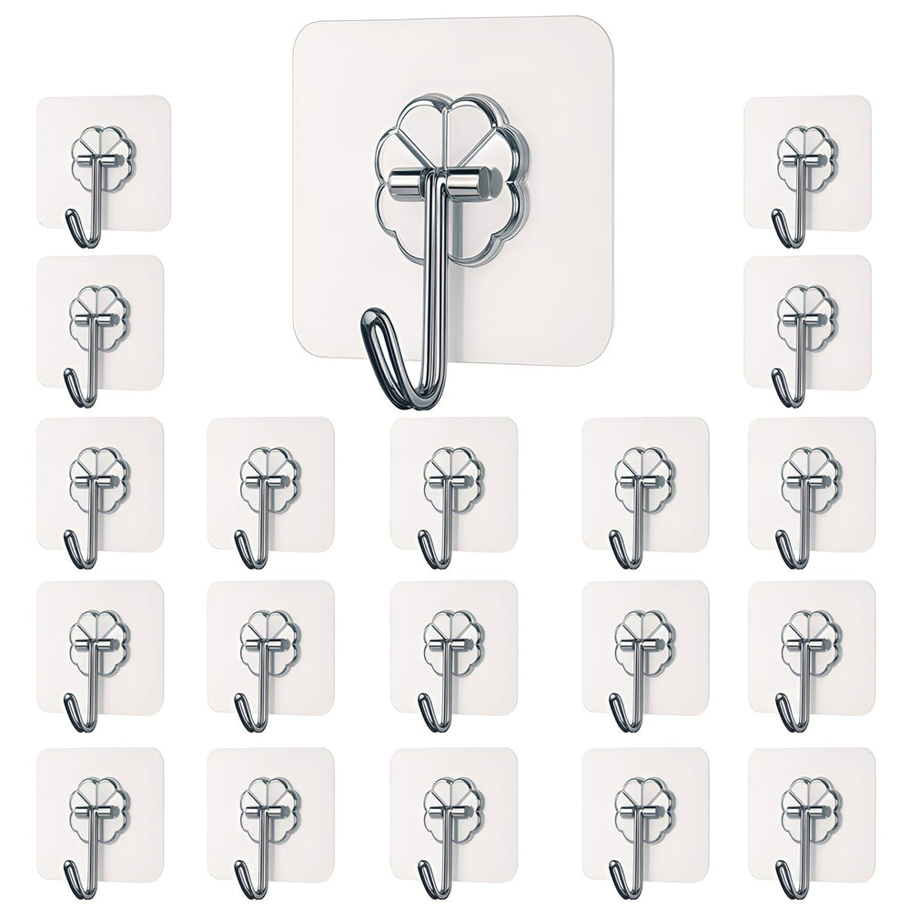 Self-Adhesive Wall Hooks Pack of 20 - Heavy-Duty Transparent No-Drill Sticky Hooks
